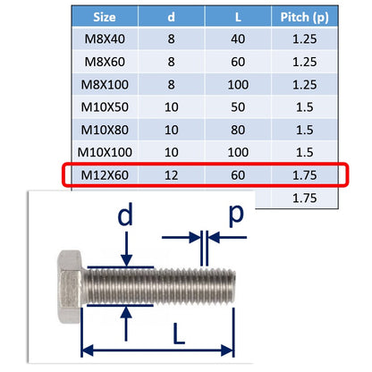 A4 stainless steel bolt M12x60