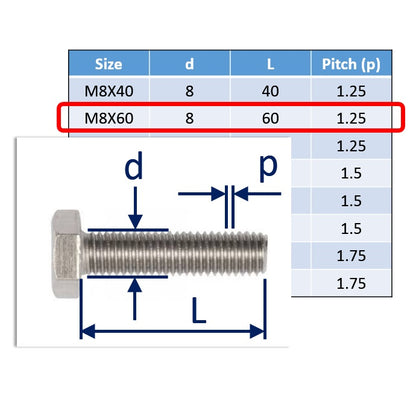 A4 stainless steel bolt M8x60