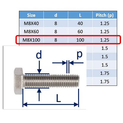 A4 stainless steel bolt M8x100