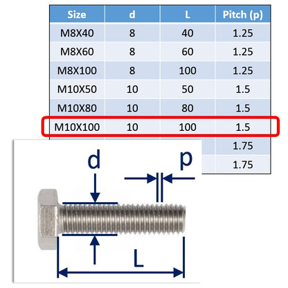 A4 stainless steel bolt M10x100