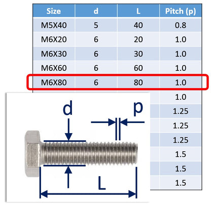 A4 stainless steel bolt M6x80