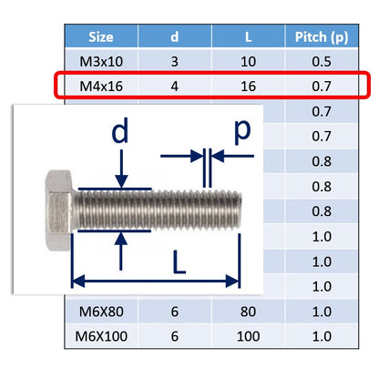 A4 stainless steel bolt M4x16