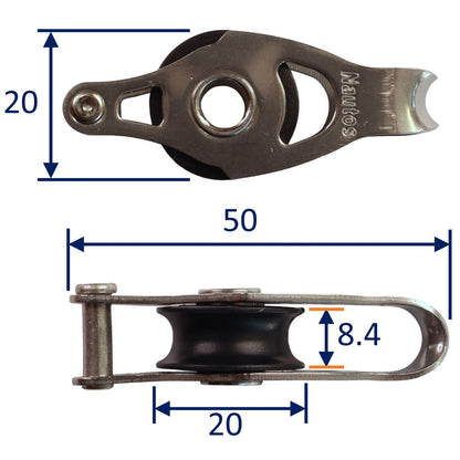 Single Fixed Pulley Block With 20mm Sheave, 316 Stainless Side Plates, Miniox