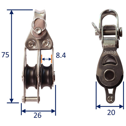 Double Fixed Pulley Block With Becket & 20mm Sheave, 316 Stainless Side Plates, Miniox