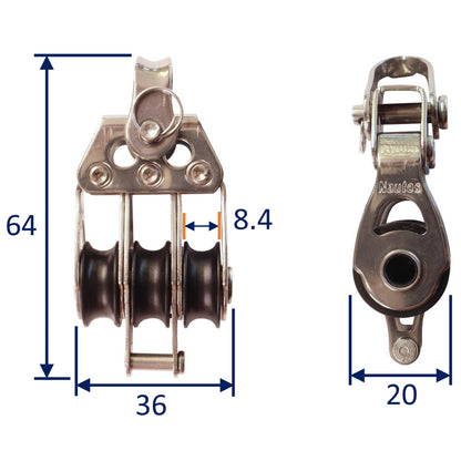 Triple Fixed Pulley Block With Becket & 20mm Sheave, 316 Stainless Side Plates, Miniox