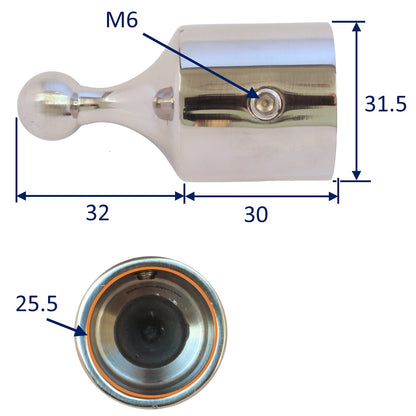 Top Cap With Ball-Joint, 316-Grade Stainless Steel, Fits Onto 22mm or 25mm Stainless Steel Tube