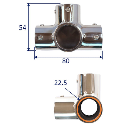 Stainless Steel Four Way Tube Connector for 22mm or 25mm.