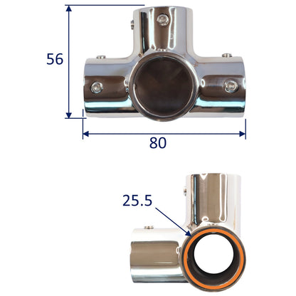 Stainless Steel Four Way Tube Connector for 22mm or 25mm.