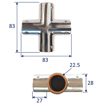 Four Way Junction Tube Fitting For 22mm Or 25mm - In 316-Grade Stainless Steel