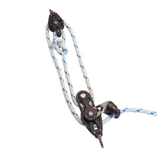 Sailing Pulley Block System 3:1 Ratio, 8mm Blue Fleck Braided Polyester Line, Tied To Block (Not Spliced)