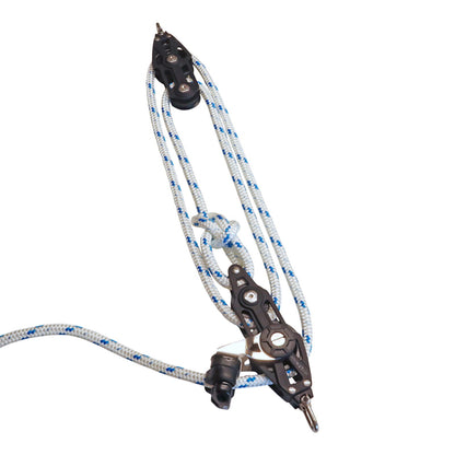 Sailing Pulley Block System 4:1 Ratio, 8mm Blue Fleck Braided Polyester Line, Tied To Block (Not Spliced)