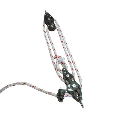 Sailing Pulley Block System 4:1 Ratio, 8mm Red Fleck Braided Polyester Line, Tied To Block (Not Spliced)