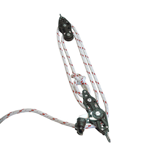 Sailing Pulley Block System 4:1 Ratio, 12mm Red Fleck Braided Polyester Line, Tied To Block (Not Spliced)