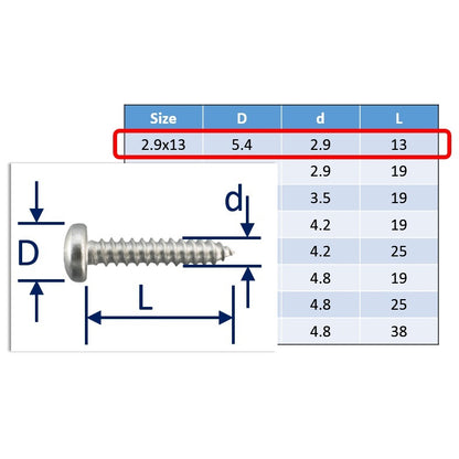 2.9x13 stainless steel self tapping screws