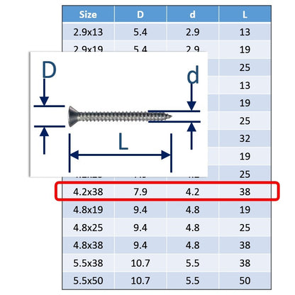 A4 Stainless Steel Self Tapping Screws - Posi Countersunk Head - Marine Grade