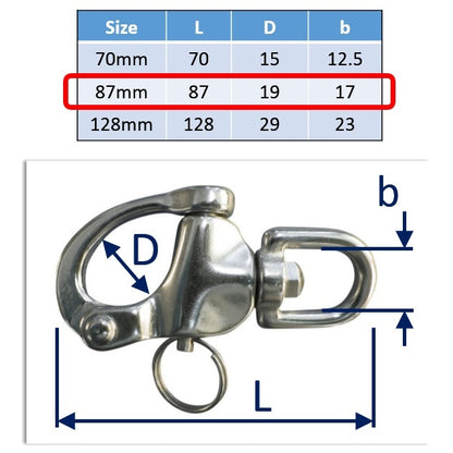 87mm stainless steel swivel snap shackle