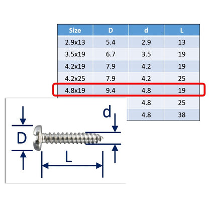 stainless steel self tapping screws 4.8x19mm