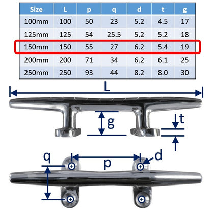 150mm Boat Cleats - 316 Stainless Steel