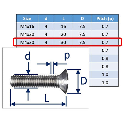 M4x30 countersunk set screw slot-drive