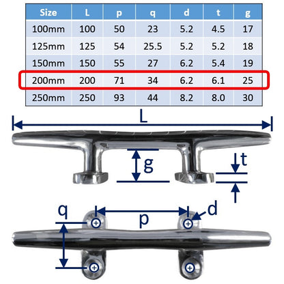 200mm Boat Cleats - 316 Stainless Steel