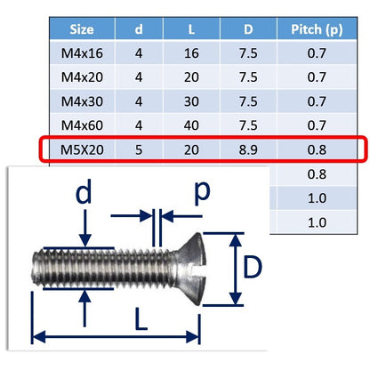 M5x20 countersunk set screw slot-drive