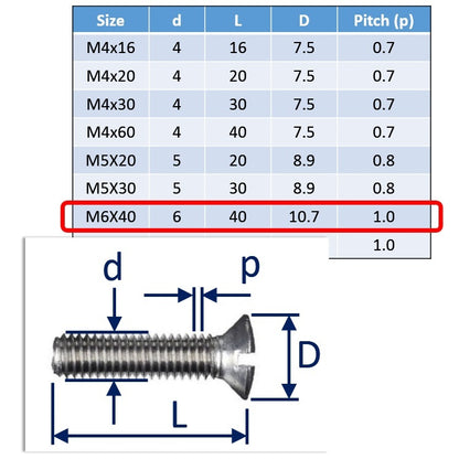 M6x40 countersunk set screw slot-drive