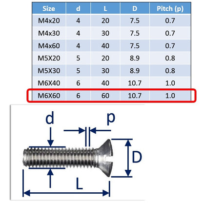 M6x60 countersunk set screw slot-drive