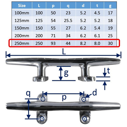 250mm Boat Cleats - 316 Stainless Steel