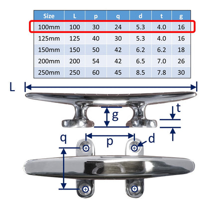 100mm Boat Cleats - 316 Stainless Steel