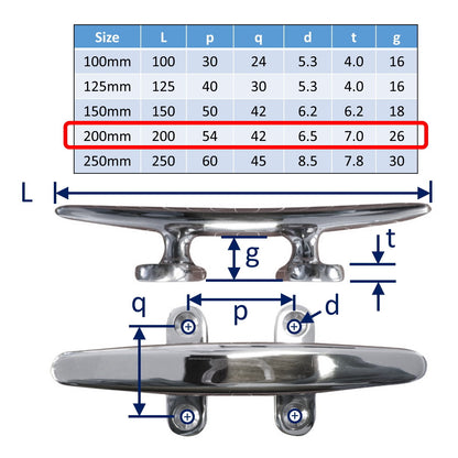 200mm Boat Cleats - 316 Stainless Steel