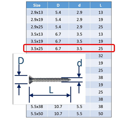 3.5x25 Stainless Steel Self Tapping Screws