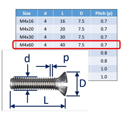 M4x60 countersunk set screw slot-drive