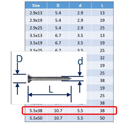 5.5x38 Stainless Steel Self Tapping Screws