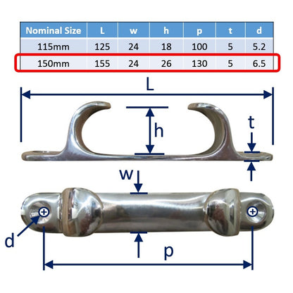 Fairleads straight, Stainless Steel, Available in 125mm and 155mm