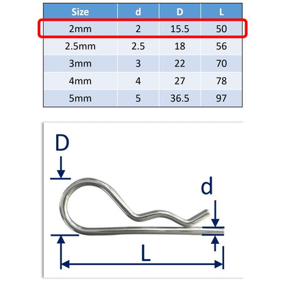 316 Stainless Steel R-Clips (Spring Cotter Pins), Metric Sizes Marine Grade, Quick Removal