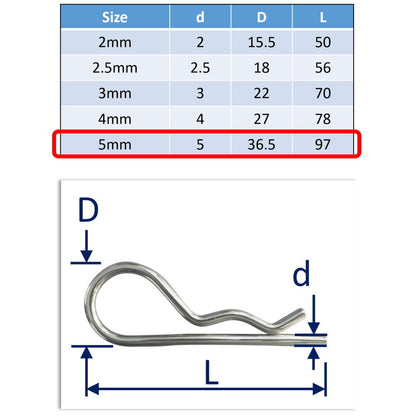 316 Stainless Steel R-Clips (Spring Cotter Pins), Metric Sizes Marine Grade, Quick Removal