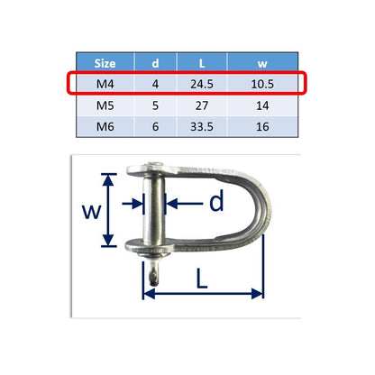 Flat Shackles, Stainless Steel, Sizes M4. M5 & M6