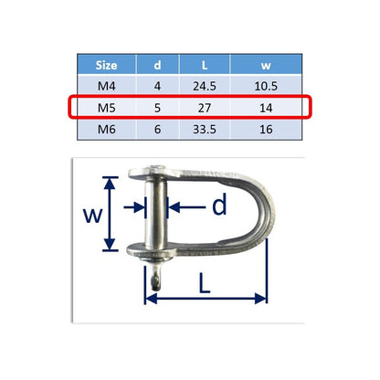 Flat Shackles, Stainless Steel, Sizes M4. M5 & M6