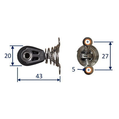 Dynamic 20mm Pulley Block, single on sprung saddle.  Line size 2.5 to 6mm