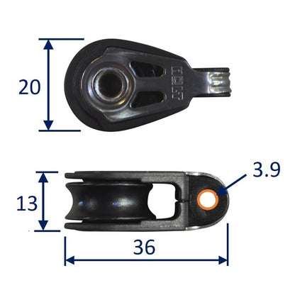 Dynamic 20mm Pulley Block, multi-function with rubber grommet mounting.  Line size 2.5 to 6mm