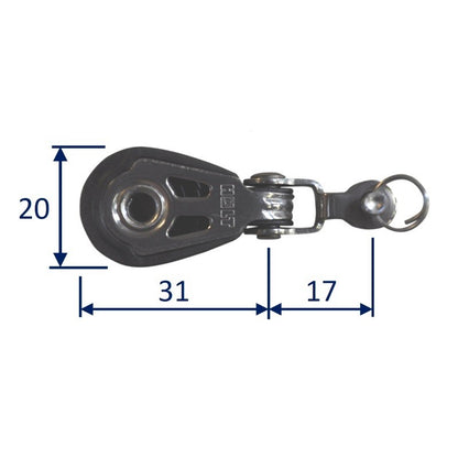 Dynamic 20mm Pulley Block, multi-function with fork mounting.  Line size 2.5 to 6mm