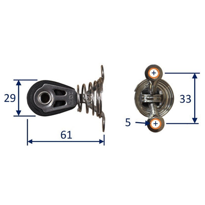 Dynamic 30mm Pulley Block, single on sprung saddle. Line size 5 to 8mm