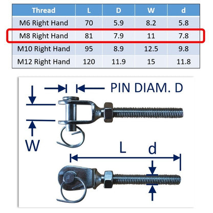 Turnbuckle Fork End In 316 Stainless Steel, Including Cotter Pin And Ring Pin