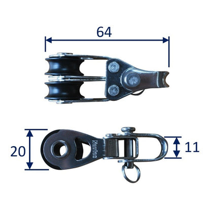 Double Pulley Block With Delrin Roller Bearings, 20mm Sheave