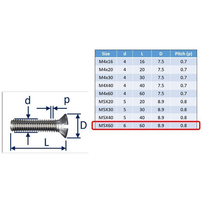 M5x60 countersunk set screw slot-drive