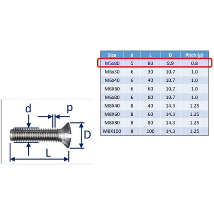 M5x80 countersunk set screw slot-drive