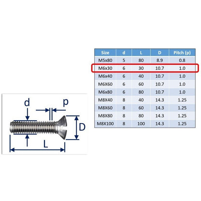 M6x30 countersunk set screw slot-drive