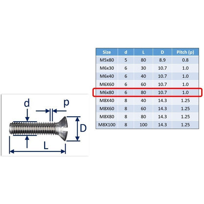 M6x80 countersunk set screw slot-drive