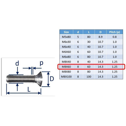 M8x60 countersunk set screw slot-drive