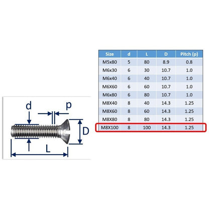 M8x100 countersunk set screw slot-drive